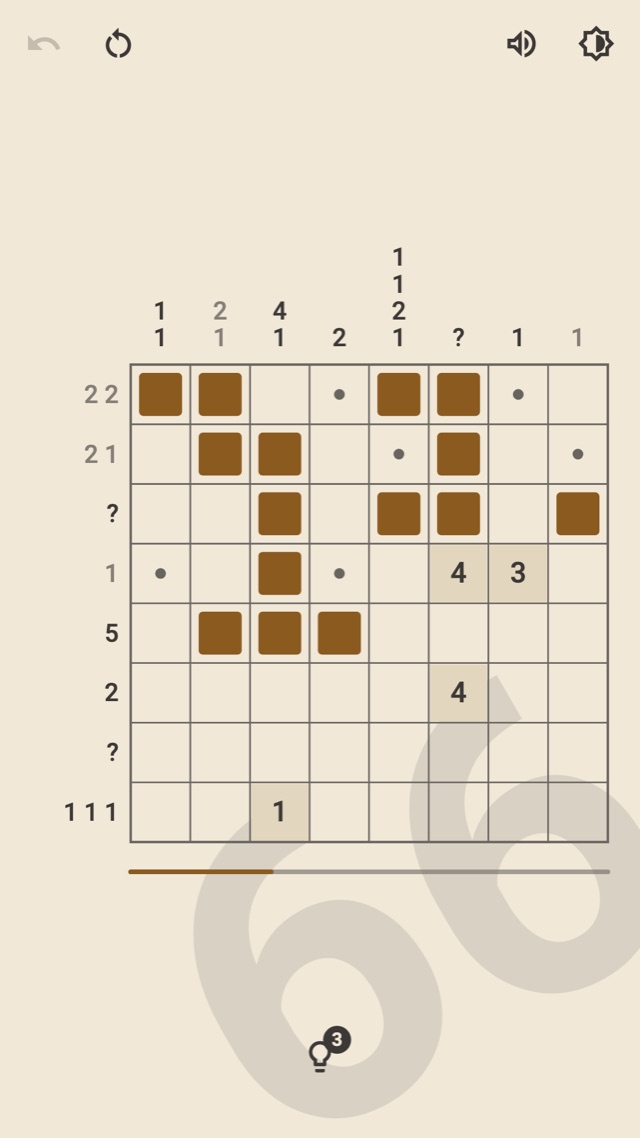 Nodum in the Day theme: an 8×8 puzzle with brown nodes on cream, with a progress bar below