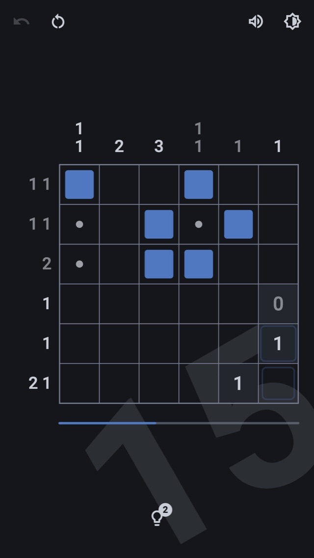 Nodum with a hint: the hint counter shows 2 and the next cells are outlined