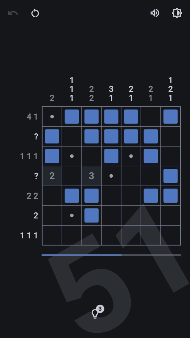 Nodum in the Night theme: a 7×7 puzzle with clue numbers beside the grid and blue nodes on a dark board