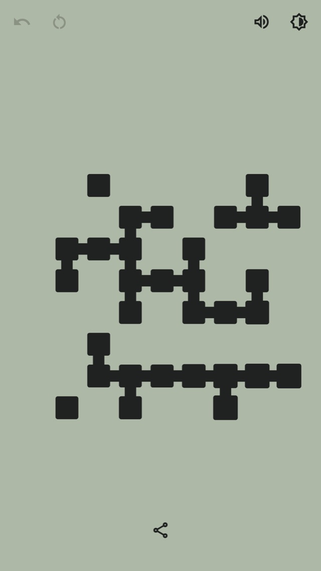 Nodum in the Zen theme: a finished shape of dark squares joined by bridges on a sage-green background